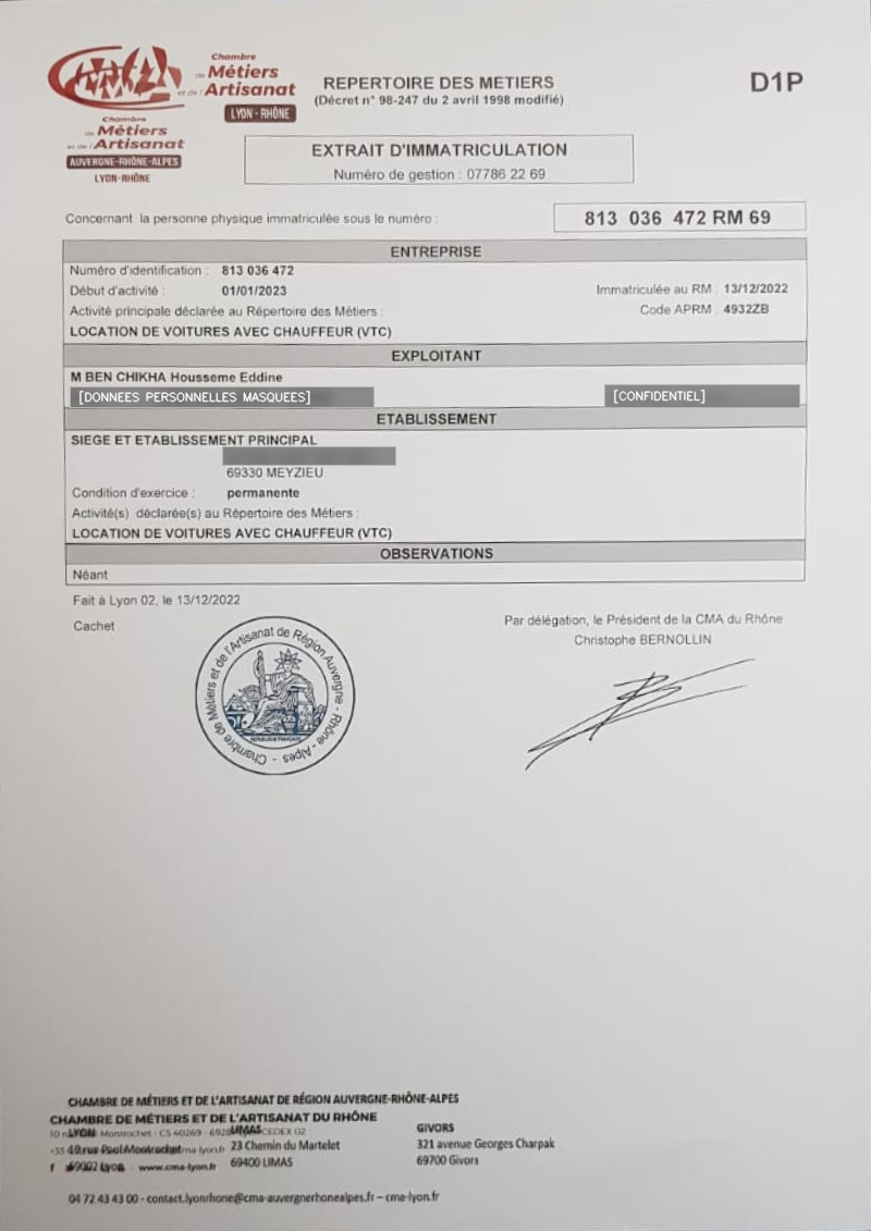 Extrait d'immatriculation Chambre de Métiers Lyon VTC